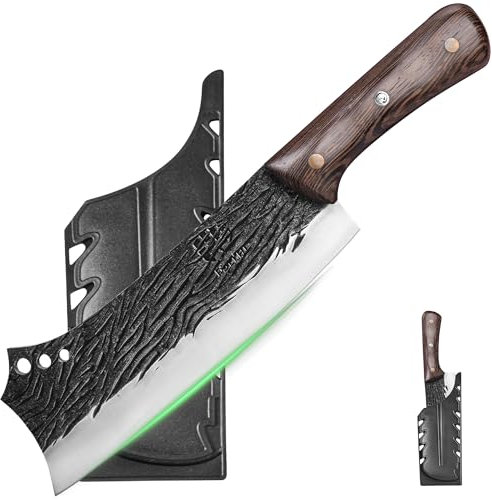 FULLHI Coltello da macellaio pesante Mannaia per carne Coltello da chef con guaine 2pcs in acciaio ad alto tenore di carbonio Taglio di carne per la casa, campeggio, barbecue (Marrone, 21cm)