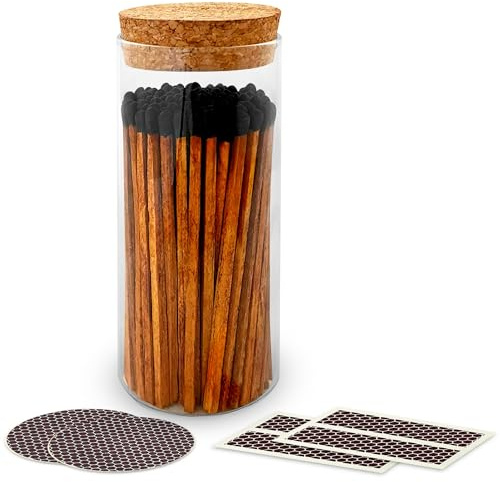 Decorative Matches in a Glass Jar | 4 Espresso Long Matches (100 match sticks) + Cork Top Glass Holder + Striker Stickers | Gifts, Décor, & Candle Accessories | by Thankful Greetings, USA