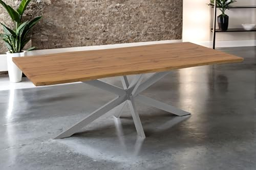 SAM Esstisch Josy 220x100 cm Holz Wildeiche-Optik Spider-Gestell Silber | 40 mm Tischplatte mit Baumkante, Metallgestell, Tisch für Esszimmer & Küche
