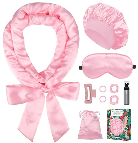 Gwabee Satin Heatless Curls Overnight Hair Curlers to Sleep In Hair Curler Rollers No Heat Hair Wrap for Curls Headband, 70 Satin Heatless Curling Rod Set for Women Long Waves Hair Volume-Pink 10PCS