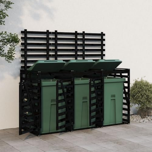 Cinyiqo Abri pour Poubelle Triple sur roulettes Noir Bois Massif de pin,Cabane De Jardin Exterieur, Resine Abri Poubelle