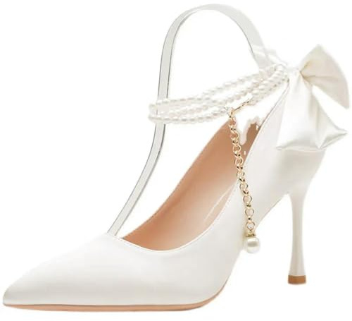 SECWL Taille 35-40 Talon Aiguille Bout Pointu Perles Boucle Ceinture 9 cm Talon Haut Dames Nœud Tissu satiné Chaussures de Mariage Blanches Escarpins pour Femmes