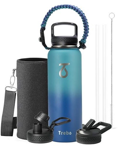 Trebo Botella de agua de 40 onzas aislada con tapa y popote, vaso deportivo de acero inoxidable al vacío de triple pared con asa de paracaídas, mantiene el calor 24 horas y el frío 48 horas, jarra de