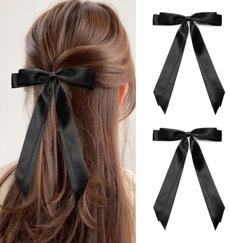 ZOUIQSS 2 Stück Satin-Haarschleifenclips, Haarband-Pferdeschwanzhalter mit langer Quaste, Haarspangen mit Metallclips und Schleife für Frauen und Mädchen(Black+Black)