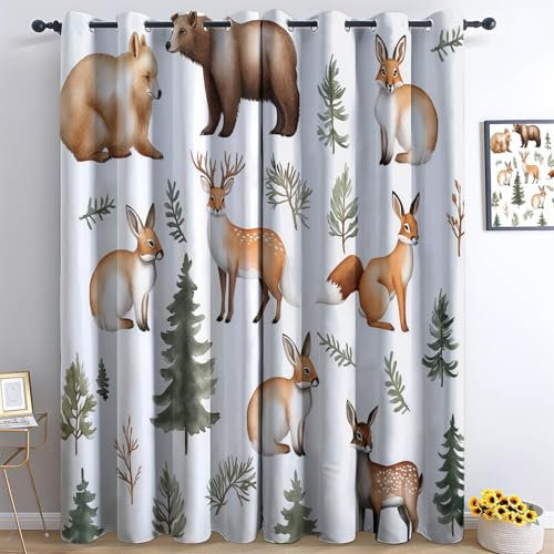 Generisch Blickdicht Vorhang Ösenschal Verdunkelungsvorhang 3D Aquarell Waldtiere Gardinen Kinderzimmer Wohnzimmer Thermovorhang Polyester H183 x B117 cm 2Er Set