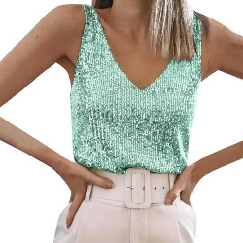 2025 Débardeur à paillettes avec col en V pour femme - Tenue de soirée scintillante avec bretelles - Chemise à manches courtes pour homme, vert, S