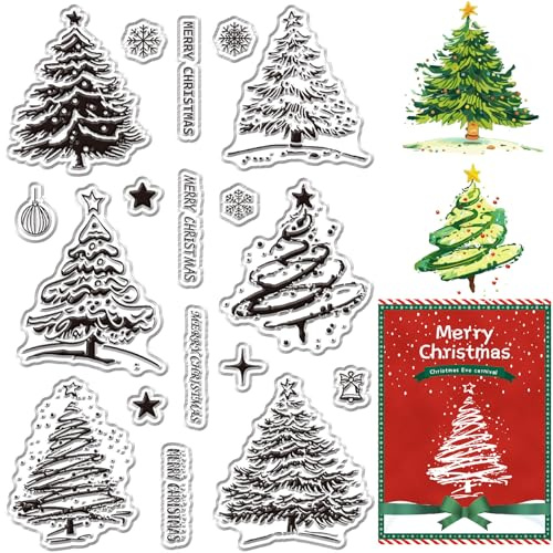 CRASPIRE Merry Christmas Clear Stamp for Card Making Pine Trees Forest Woods Snowflake Greeting Background Silicone Transparent Rubber Stamps Grove Seal DIY Scrap Booking Card Album Crafting