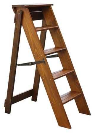 Klappbarer Tritthocker aus Walnussholz, für Erwachsene, 5 Stufen, stabiles und kompaktes Design, perfekt für Küche und Garten, platzsparende Holzleiter