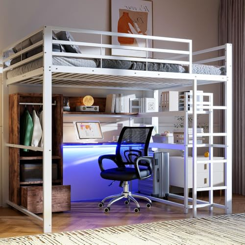 OOIILLEE 140 * 200 cm Lit Mezzanine avec éclairage LED, Bureau, Lits en métal Cadre avec tiroir, étagères, barrière de sécurité, escalier, Matelas Non Inclus (Blanc)