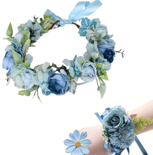 Nlqhyrexion Blumenkranz Haare Karneval Blau, Blumen Haarreif Damen, Blumenkranz Kopfschmuck und Künstliche Handgelenkblume Armband, Blume Krone Stirnband für Hochzeit/Foto Oktoberfest