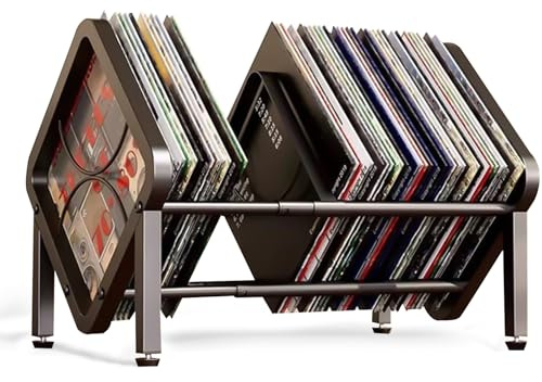 LILIWER Vinyl Record Storage Holder - Expandable 13-22.4 Width, Heavy-Duty Carbon Steel Album Organizer for Desktop & Floor, Anti-Warping Display Stand for 60-110 LPs, Matte Black Industrial Style