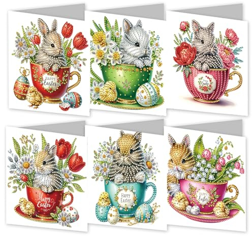 6 Stück Diamond Painting Ostern Karten DIY Osterdeko Hase Diamond Painting Grußkarten Frühling Deko Karten Ostern Geburtstagskarten mit Umschlag Diamant Malerei Osterkarten Basteln Geschenk (C)
