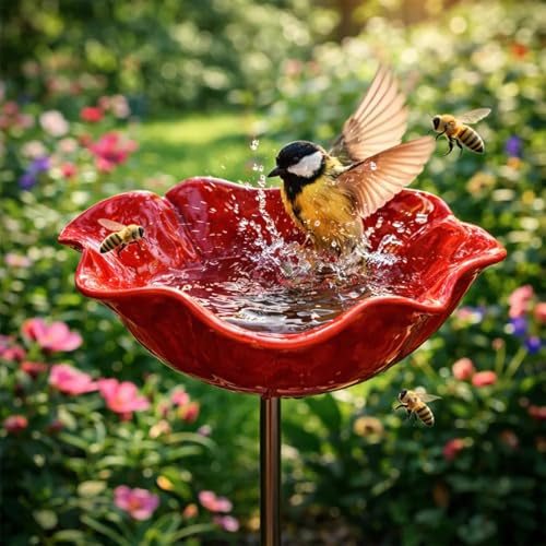 Decorazioni Giardino,Abbeveratoio per Uccelli,Paletto da Giardino in Metallo con Fiore per Uccelli Stazione di Abbeveraggio per Api e Farfalle Vaschetta per Uccelli a Forma di Fiore (Rosso)