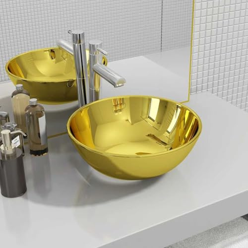 Kaloriko Lavabo in ceramica 28 x 10 cm, lavabo da appoggio in oro, lavabo a mano con scarico per bagno degli ospiti, WC per ospiti, design moderno e complemento d'arredo sanitario