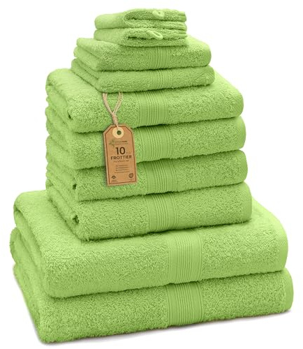 GREEN MARK Set di 10 asciugamani in 100% cotone – 4 asciugamani per mani 50×100, 2 asciugamani grandi da doccia 70×140, 2 asciugamani per ospiti 30×50, 2 guanti da bagno – Verde Mela