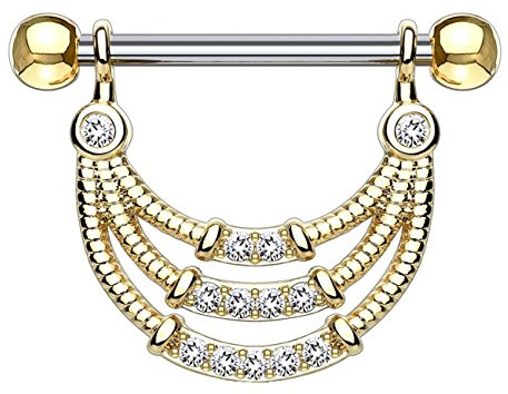beyoutifulthings Brustwarzen-Piercing ANHÄNGER 3 Reihen ZIRKONIA Brust-Piercing Nippel-Piercing Edelstahl Clear Gold 1,6mm 14mm