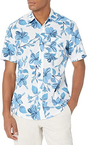 Amazon Essentials Camicia Slim-fit A Maniche Corte Con Bottoni E Stampa Uomo, Blu Stampa Floreale, XS