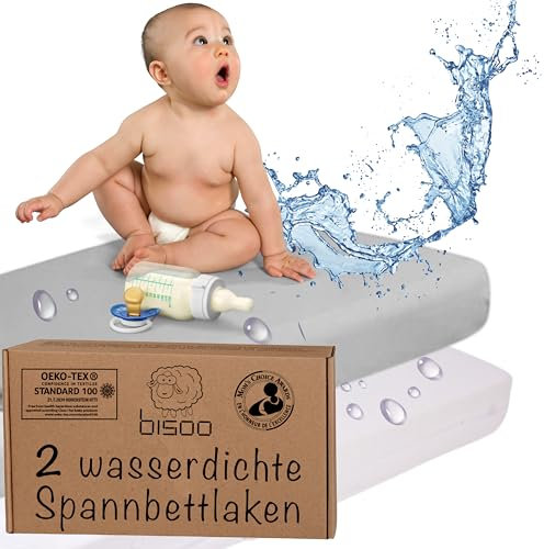 Bisoo 37x80 / 40x80 Spannbettlaken Kinderwagen - 2in1 Baby Wasserfester Matratzenschoner Spannbettlaken aus 100% Baumwolljersey Öko-Tex - Matratzenbezug Kinderwagen 2 Stück Set Weiß + Grau 80x40 cm