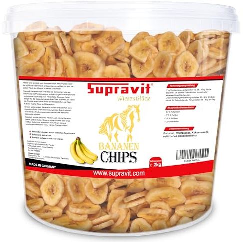 Supravit Bananenchips für Pferde – 2kg Eimer – knusprige Bananenscheiben | aus echten Bananen – appetitanregendes Ergänzungsfuttermittel – ideales Pferdeleckerli