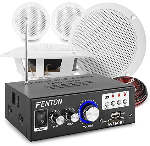 Power Dynamics Bluetooth Ceiling Speaker System with Amplifier FM Radio and MP3 USB for Home Hi-Fi Cafe Restaurant Shop Installation (Four MS40 Speakers)