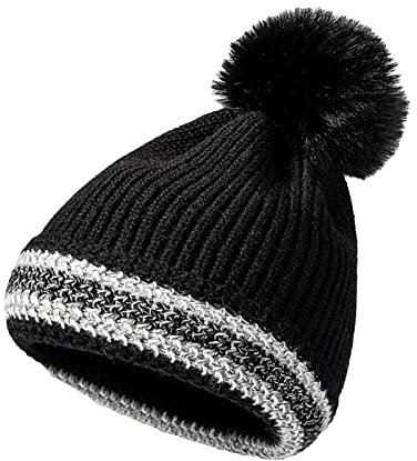 SWECOMZE Damen Winter Mütze warme Strickmütze Wintermütze mit Kunstpelz Bommel Damen für Winter Bommelmütze (Schwarz)