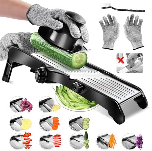 Masthome Mandolina per Verdure Professionale, Mandolina Regolabile in Inox con Lame, Mandolina Cucina Giapponese per Patate,Carote, Pomodori,Cavoli, Affetta Verdure Manuale con Guanti e Spazzolino