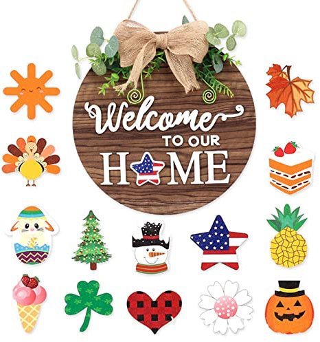 Cartello di Benvenuto in Legno, Cartello Benvenuto Ghirlanda per Porta, Cartello di Benvenuto in Legno alla Porta d'Ingresso, con 14 Decorazioni Magnetiche Intercambiabili, per Porta d'Ingresso