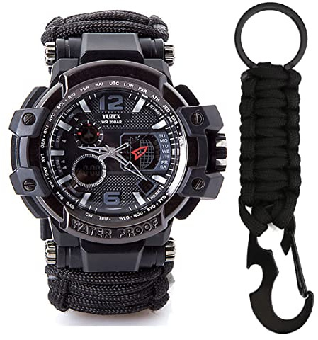 WLDOCA 50M wasserdichte Taktische Paracord-Uhr Multifunktions-Überlebensuhr für den Außenbereich mit Karabiner-Kompass-Thermometer für Männer und Frauen