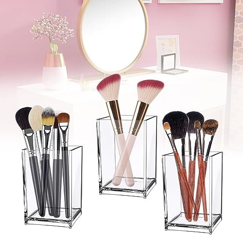 YAANBUNB 3 StückStiftehalter Schreibtisch Transparent Plastik Pinselhalter Durchsichtig 10x6.5x6.5cm Stifteköcher Klar Kunststoff Quadratischer Stiftehalter für Eyeliner Make up Büro Hause