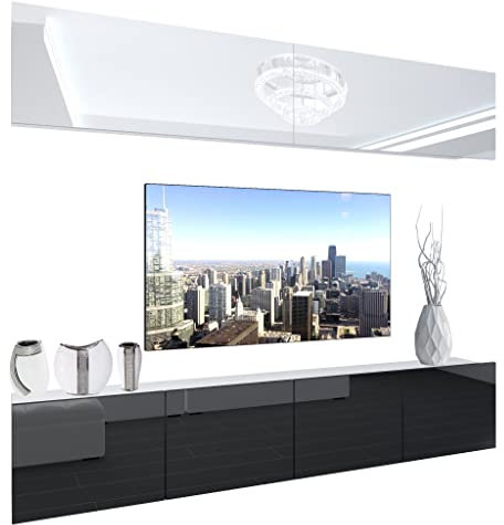 BELINI - Unité Murale TV NEX I Ensemble Muebles de Salon Complet I Ensemble Meuble TV avec Illumination LED I Dimensions: 200 x 180 x 36 cm I Coleur: Blanc très Brillant/Noir très Brillant