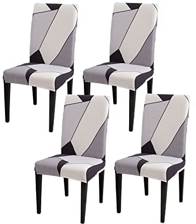Vivi Idee Stuhlhussen 4er Set Stuhlbezug Elastische Waschbar Spannbezug für Esszimmerstühle Schwingstuhl Bezug Hochzeit Büro Bankette Partys Deko (4, Schwarz-weiß-grau)