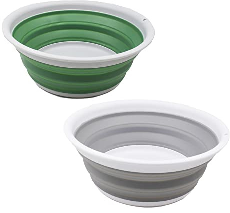 SAMMART 5.5L Set of 2 Collapsible Tub - Foldable Dish Tub - Portable Washing Basin - Space Saving Plastic Washtub (Grey + Dark Sea Green)