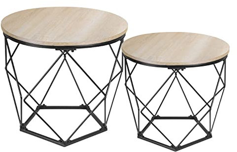 Ribelli 2er Set Beistelltisch, Wohnzimmertisch mit Korbfunktion, Couchtisch Rund, Korbtisch mit Abnehmbare Tischplatte, Metalltische für Wohnzimmer, Schlafzimmer, Büro, Hellbraun/Schwarz, ‎500738