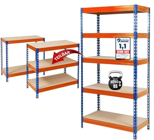 KARAT schwerlastregal - Steckregal, Kellerregal, Lagerregal, Werkbank - Traglast bis 1250 kg - Schnelle Montage & Standsicher (Blau-Orange, 220 x 90 x 60 cm)