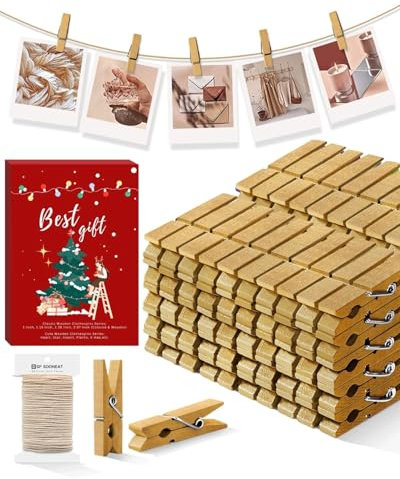SF SOONEAT Mini Photo Pegs Gold Small Colored Clothes Pegs 100 Pieces Wooden Rainbow Colorful Picture Pegs with 90M String for Crafts Small Baby Shower
