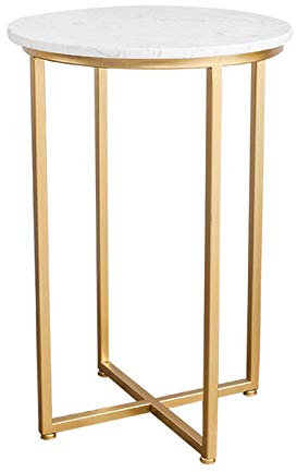 Nachttische Lässiger Couchtisch, Marmor-Finish, Metall, runder Beistelltisch, Wohnzimmer, Restaurant, Empfangsraum, Sofa, seitlicher Ecktisch, Korbtisch (Farbe: Weiß, Größe: 40 x 40 x 60 cm)