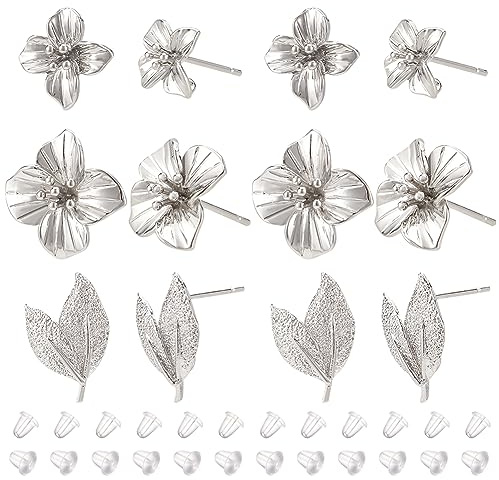 BENECREAT 12 Stück 3 Stile Messingnieten, Platin-Blumen- Und Blatt-Ohrstecker Messing-Nieten Mit Schlaufen Und 30 Stück Kunststoff-Nieten Für DIY-Ohrring-Bastelzubehör, Stift: 0.5-0.8 mm