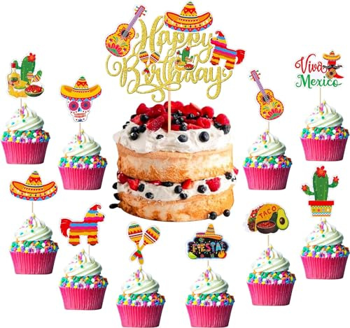 41 Stück Happy Birthday Fiesta Tortendeko mit Gitarre Kaktus Esel Schläger Pfeffer Mexiko Fiesta Kuchen Deko für Mexikanische Fiesta Thema Baby Dusche Geburtstag Party Kuchen Dekorationen Gold