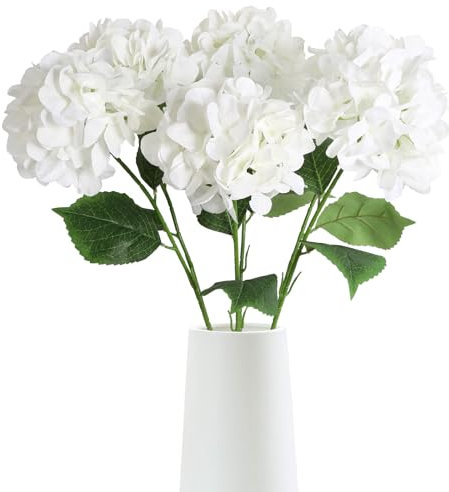 ICBOX Lot de 6 fleurs d'hortensia artificielles blanches en soie avec tiges pour centre de table, mariage, fête prénatale, fête, décoration d'intérieur (blanc)