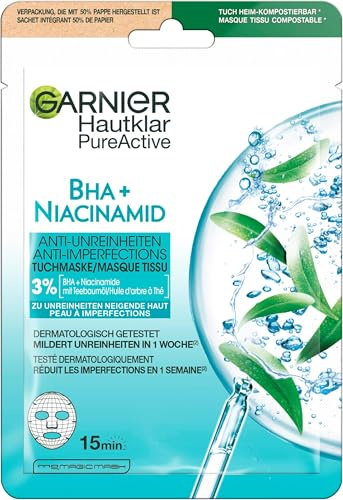 Garnier Tuchmaske, Gesichtsmaske für fettige Haut, Anti-Unreinheiten, Formel mit Teebaumöl und Salizylsäure, Hautklar Aktiv, 23 g (Packung mit 5)