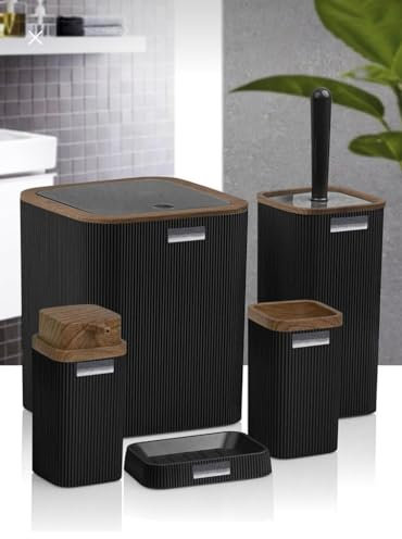 Luxus Modern Bad Set - Holz Zahnbürstenhalter, Becher, Toilettenbürste, Seifenschale, Mülleimer, Seifenspender (Weiß)