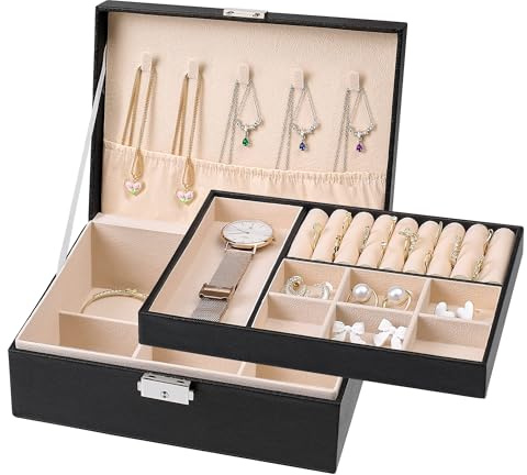 CHARMDI Jewellery Box for Women, 2 Layer PU Leather Jewellery Organiser | Jewellery Box with Lock Removable Tray for Necklace Earrings Rings Necklaces Watches Bracelets, Black