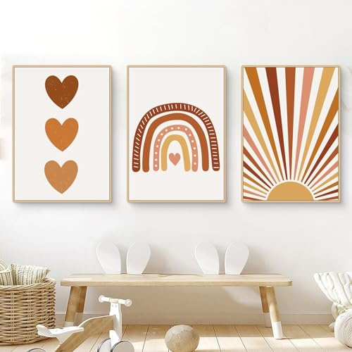 Herfair 3er Set Poster für Kinderzimmer Boho Deko Bilder Babyzimmer - Wandbilder Schlafzimmer Sonne Regenbogen Babyzimmer Wanddeko Mädchen Junge ohne Rahmen