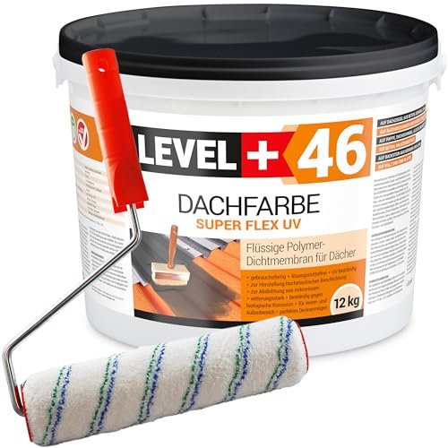LEVEL PLUS Dachfarbe 12kg Ziegelrot, Sockelfarbe, Dachlack, Dachsanierung, Flexibler Polymermembran Wetterbeständig + Farbroller 25cm Mikrofaser mit Bügel Set RM46