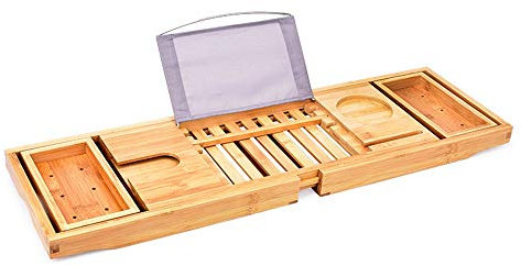 Mensola per vasca Vassoio per vasca da bagno in bambù Vassoio da bagno Ponte con lati estensibili Porta tablet per libri integrato Vassoio per cellulare Porta bicchiere da vino Vassoio per vasca