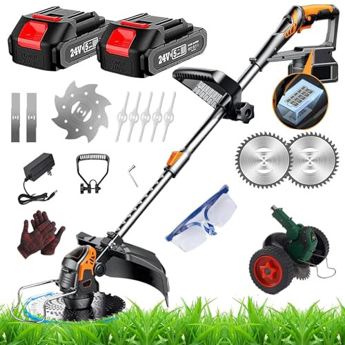 Desbrozadora Electrica Bateria con Ruedas,Cortasetos Electrico con 2 Baterías 24v,Tubo Telescópico,con 4 Tipos De Cuchillas,Cabezal Desbrozadora 90° para Césped Jardín Poda (Tiene Ruedas)