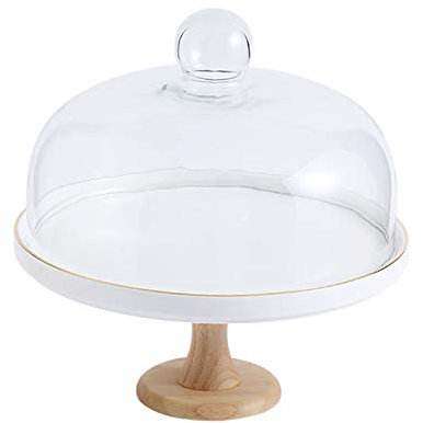 CVNIMV Food Covers,Splatter Covers,Wedding Cake Display Stands, Round Glass Dome Cover Cheese Dome Ceramic Trays with Wooden Base Bread Decoration Stands and