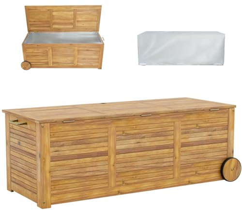 GiantexUK 180L Garden Storage Box, Acacia Wood Deck Boxes with Wheels, Waterproof Cover, Sit-on Lid & Handle, Outdoor Utility Chest Container for Patio Poolside Cushions Pillows Tools Toys