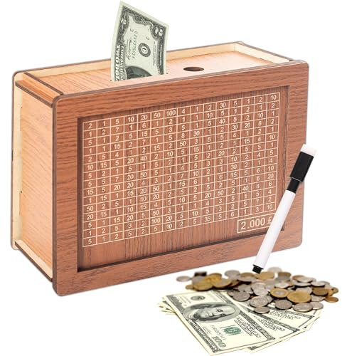 Cash Vault Money Bank Box With Erasable Pen, Decorative Wooden Savings Box for Home Adults Kids