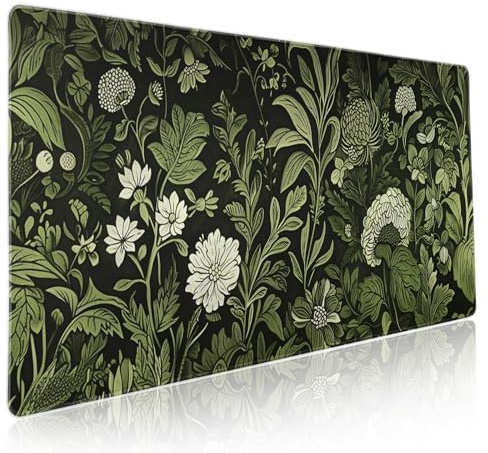 Botanical Green Leaves Gaming Mouse Pad XXL Beige Plant Black Aesthetic Extended Big Large Desk Mat Non-Slip Rubber Base Stitched Edge Long Keyboard Mousepad for PC Computer Laptop,35.4×15.7 in